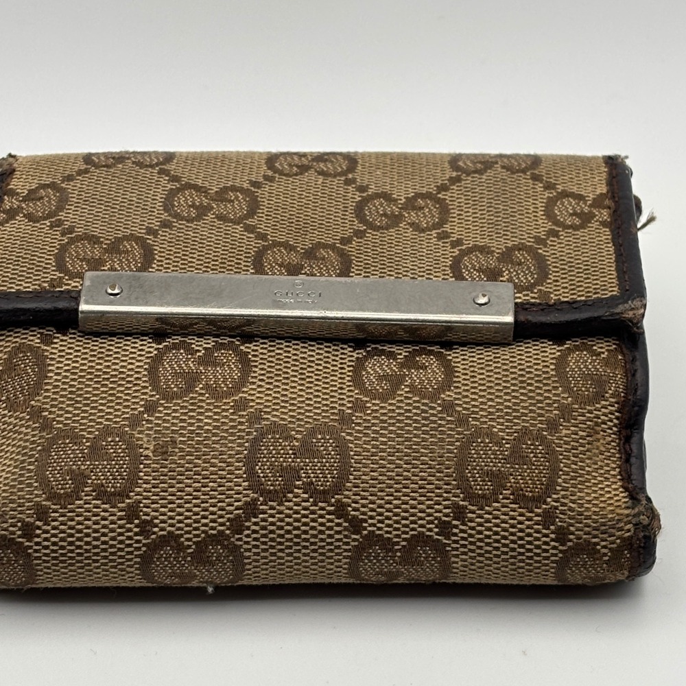 Gucci Wallet Women Compact Brown GG Monogram Canvas Metal Bar Trifold - Picture 5 of 10
